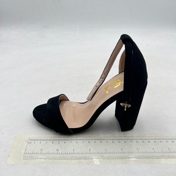 FSJ Black-suede Chunky High Heel Sandals Open Toe Ankle Strap Single Band Shoe - Picture 2 of 8